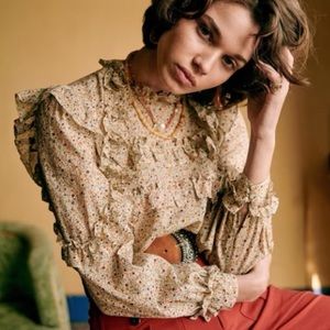 Sezane Emmy Blouse Top Beige Flowers Floral Ruffle 34 / 2